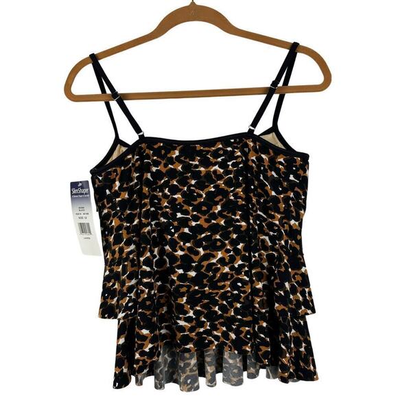 Slim Shaper UPF 50 Black‎ Goldish Brown Animal Print Ruffle Swimwear Top Size 12 - Picture 2 of 10